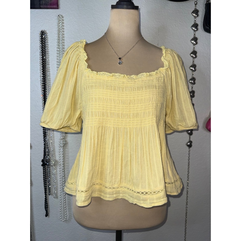 Jessica Simpson Womens XL Yellow Smocked Peasant Top Puff Sleeve Square Neck